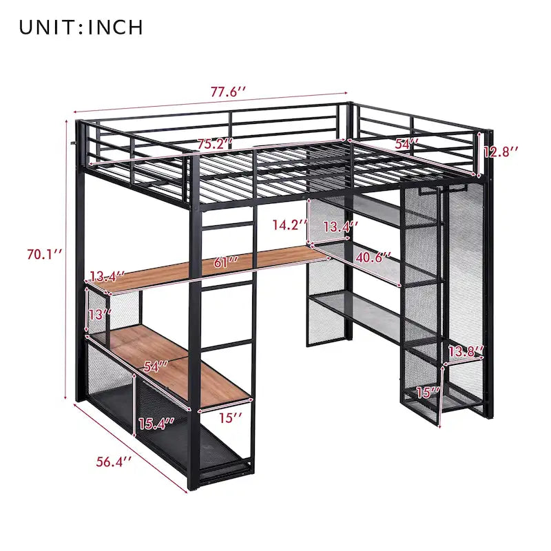 Cama alta de metal de tamaño completo con malla de hierro y estantes de MDF y armario abierto