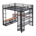 Cama alta de metal de tamaño completo con malla de hierro y estantes de MDF y armario abierto
