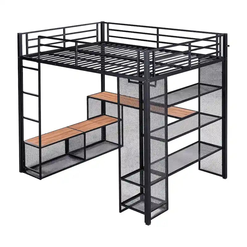 Cama alta de metal de tamaño completo con malla de hierro y estantes de MDF y armario abierto