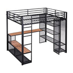 Cama alta de metal de tamaño completo con malla de hierro y estantes de MDF y armario abierto