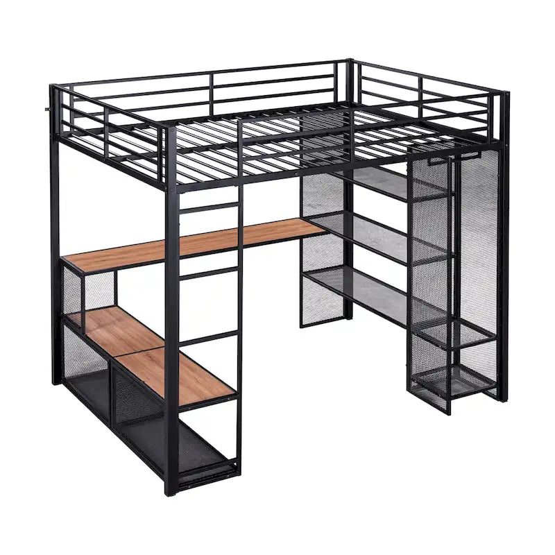 Cama alta de metal de tamaño completo con malla de hierro y estantes de MDF y armario abierto