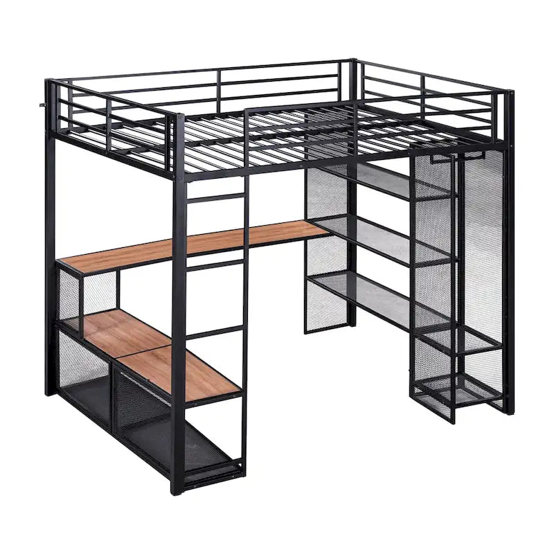 Cama alta de metal de tamaño completo con malla de hierro y estantes de MDF y armario abierto