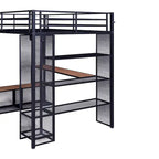 Cama alta de metal de tamaño completo con malla de hierro y estantes de MDF y armario abierto