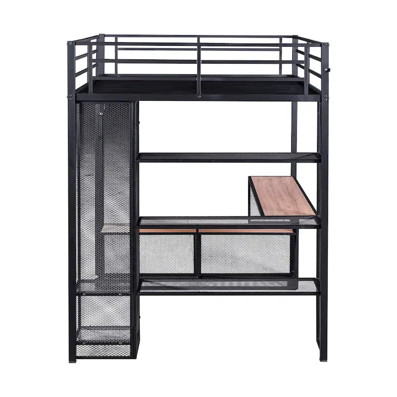 Cama alta de metal de tamaño completo con malla de hierro y estantes de MDF y armario abierto
