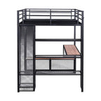Cama alta de metal de tamaño completo con malla de hierro y estantes de MDF y armario abierto