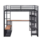 Cama alta de metal de tamaño completo con malla de hierro y estantes de MDF y armario abierto