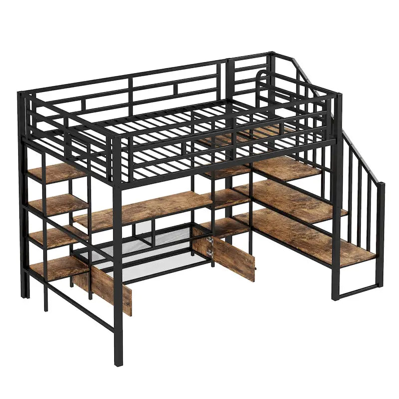 Cama alta metálica de tamaño completo con escalera, mesa de almacenamiento baja y estantes de almacenamiento