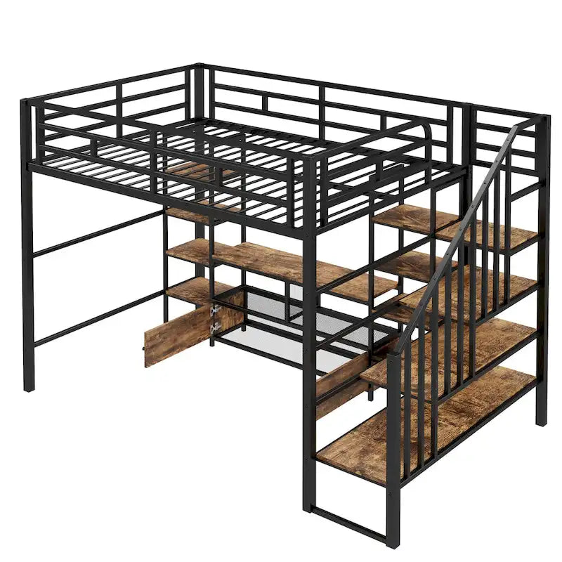 Cama alta metálica de tamaño completo con escalera, mesa de almacenamiento baja y estantes de almacenamiento