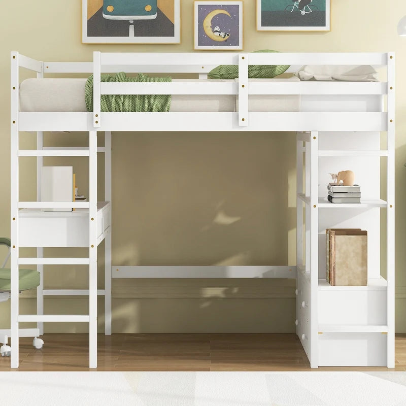 Cama alta de tamaño completo con escritorio incorporado con dos cajones, y estantes y cajones de almacenamiento