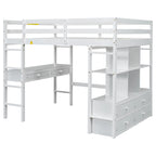 Full Size Loft Bed with Built-in Desk with Two Drawers, and Storage Shelves and Drawers