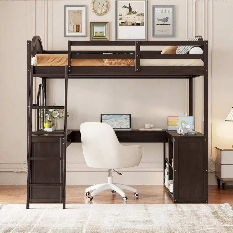 Cama alta de madera con escritorio en forma de U, compartimentos de almacenamiento y espejo triple