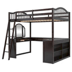 Full Wooden Loft Bed with U-shaped Desk,Storage Compartments and Tri-fold Mirror