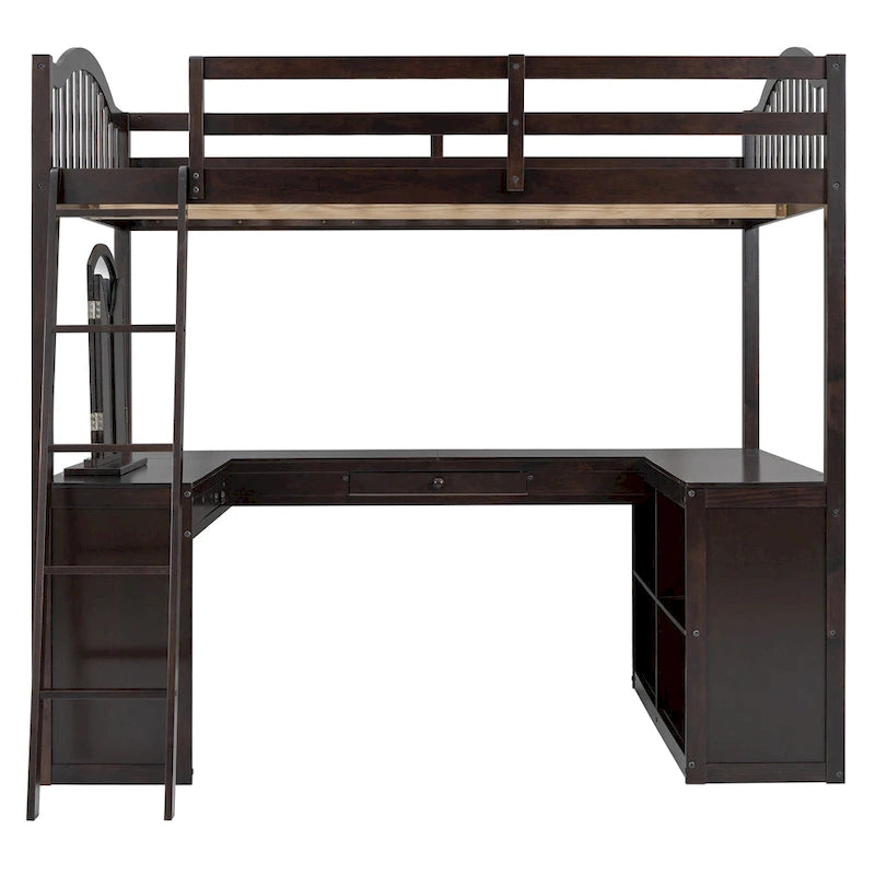 Cama alta de madera con escritorio en forma de U, compartimentos de almacenamiento y espejo triple