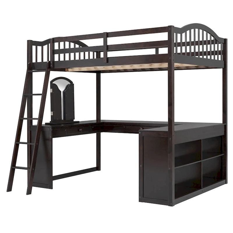 Cama alta de madera con escritorio en forma de U, compartimentos de almacenamiento y espejo triple