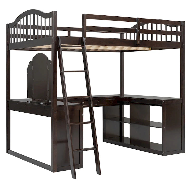 Cama alta de madera con escritorio en forma de U, compartimentos de almacenamiento y espejo triple