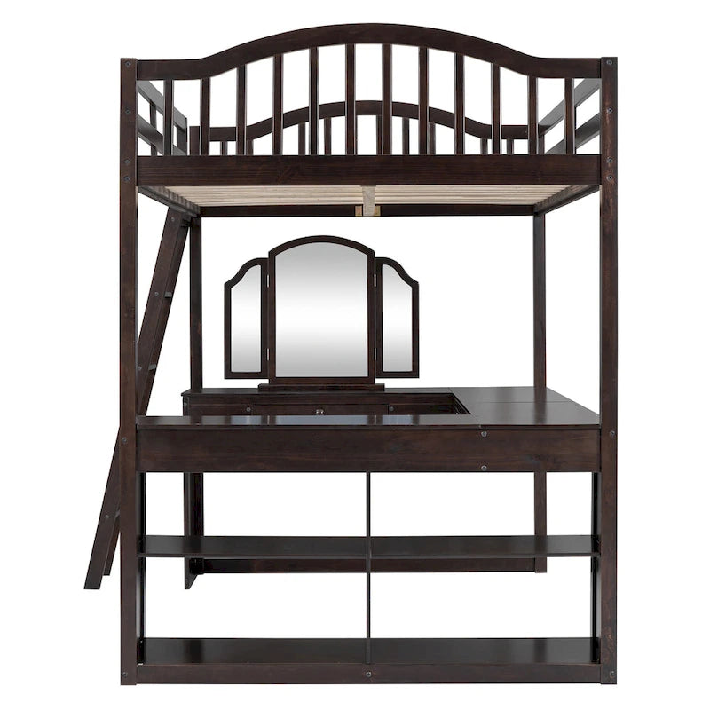 Cama alta de madera con escritorio en forma de U, compartimentos de almacenamiento y espejo triple