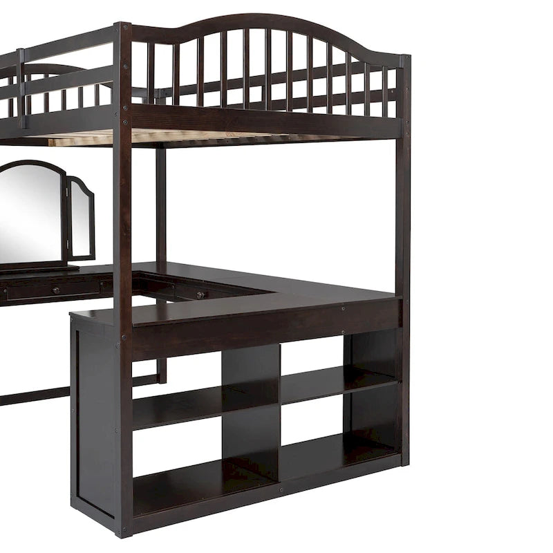 Cama alta de madera con escritorio en forma de U, compartimentos de almacenamiento y espejo triple