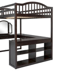 Cama alta de madera con escritorio en forma de U, compartimentos de almacenamiento y espejo triple