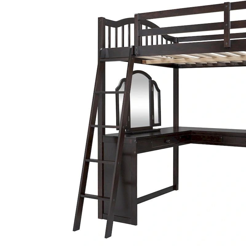 Cama alta de madera con escritorio en forma de U, compartimentos de almacenamiento y espejo triple