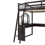 Cama alta de madera con escritorio en forma de U, compartimentos de almacenamiento y espejo triple
