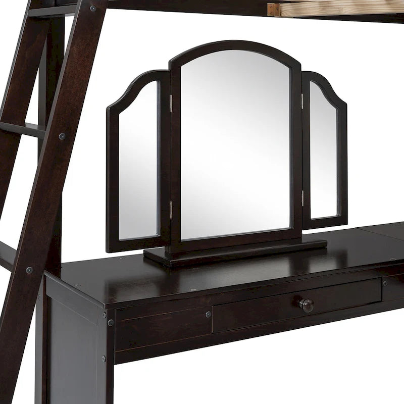Cama alta de madera con escritorio en forma de U, compartimentos de almacenamiento y espejo triple