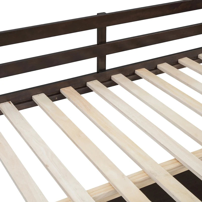 Cama alta de madera con escritorio en forma de U, compartimentos de almacenamiento y espejo triple