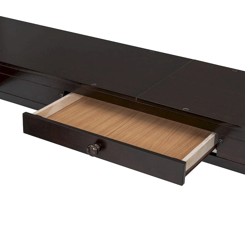Cama alta de madera con escritorio en forma de U, compartimentos de almacenamiento y espejo triple