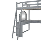 Cama alta de madera con escritorio en forma de U, compartimentos de almacenamiento y espejo triple