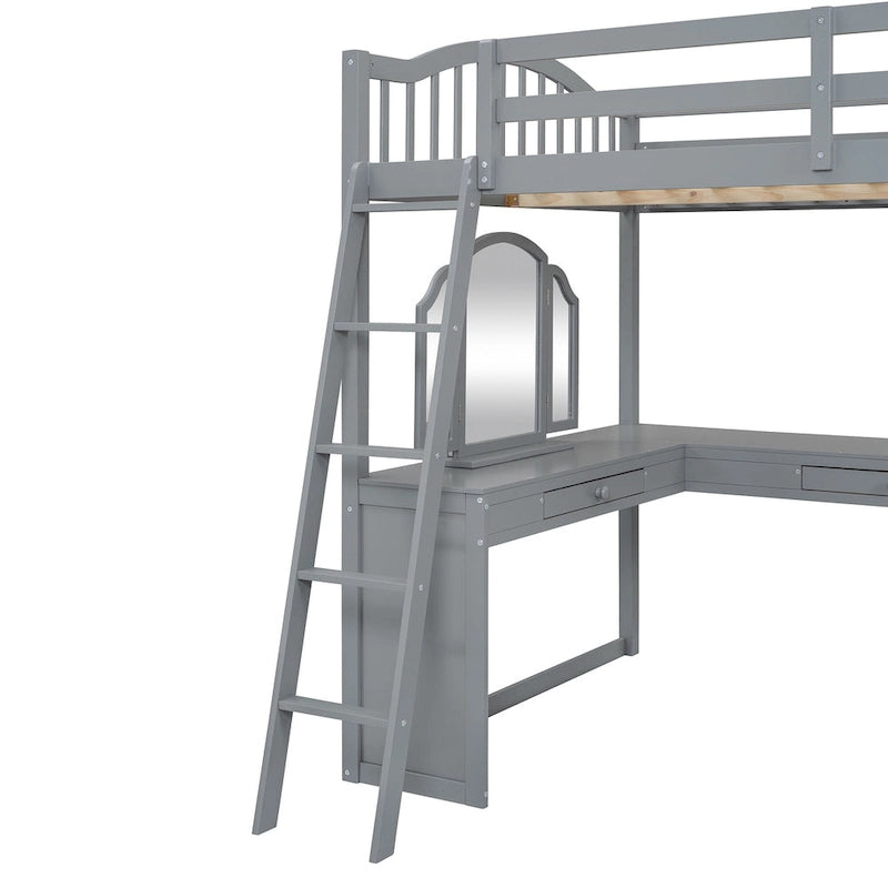 Cama alta de madera con escritorio en forma de U, compartimentos de almacenamiento y espejo triple