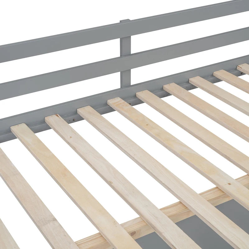Cama alta de madera con escritorio en forma de U, compartimentos de almacenamiento y espejo triple