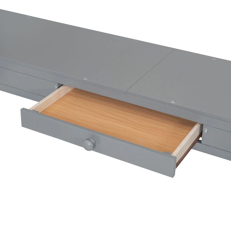 Cama alta de madera con escritorio en forma de U, compartimentos de almacenamiento y espejo triple