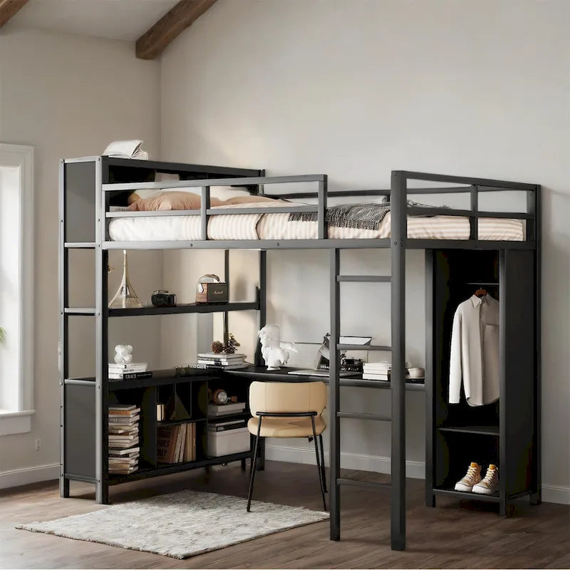 Cama alta de metal tamaño completo con armario, escritorio en forma de L y estantes