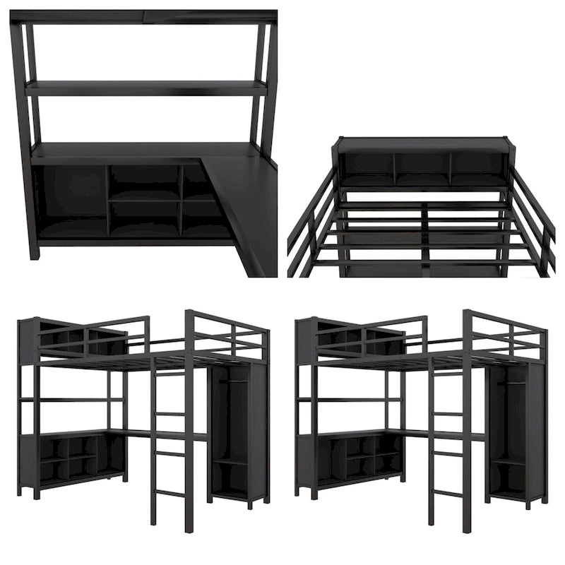 Cama alta de metal tamaño completo con armario, escritorio en forma de L y estantes