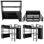 Cama alta de metal tamaño completo con armario, escritorio en forma de L y estantes