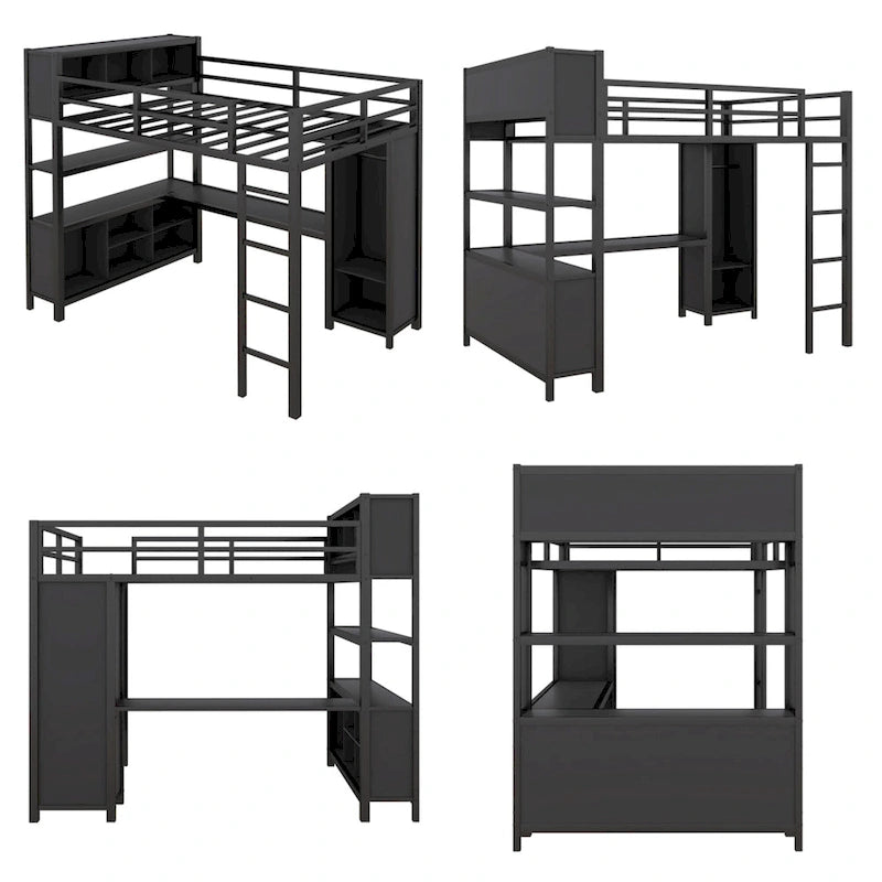 Cama alta de metal tamaño completo con armario, escritorio en forma de L y estantes