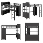 Cama alta de metal tamaño completo con armario, escritorio en forma de L y estantes