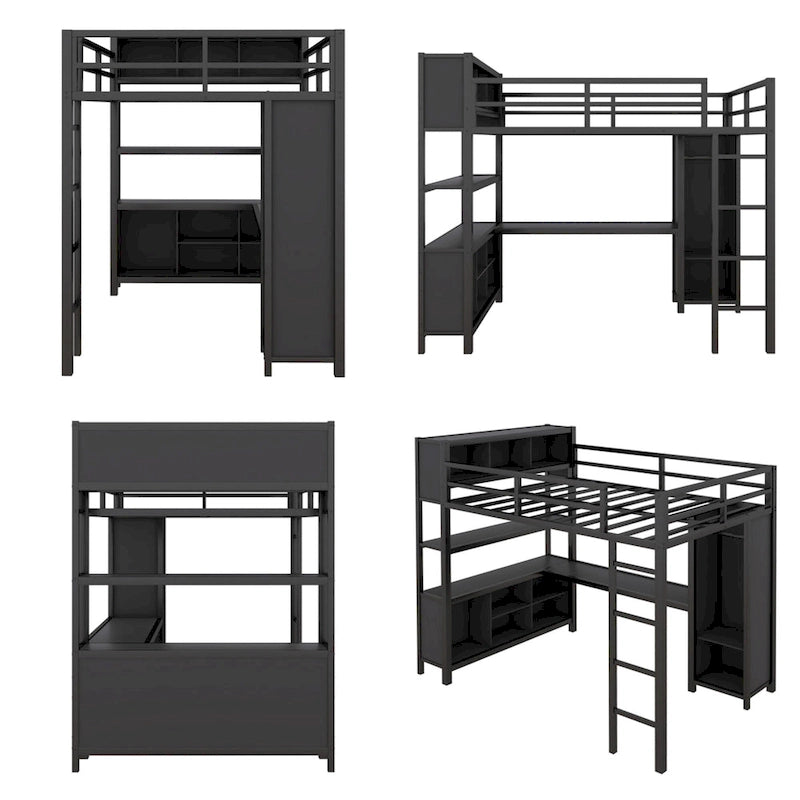 Cama alta de metal tamaño completo con armario, escritorio en forma de L y estantes