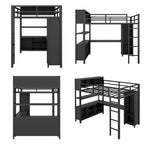 Cama alta de metal tamaño completo con armario, escritorio en forma de L y estantes
