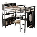 Cama alta de metal tamaño completo con armario, escritorio en forma de L y estantes