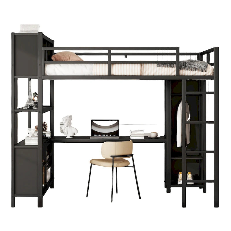 Cama alta de metal tamaño completo con armario, escritorio en forma de L y estantes