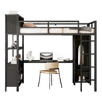 Cama alta de metal tamaño completo con armario, escritorio en forma de L y estantes