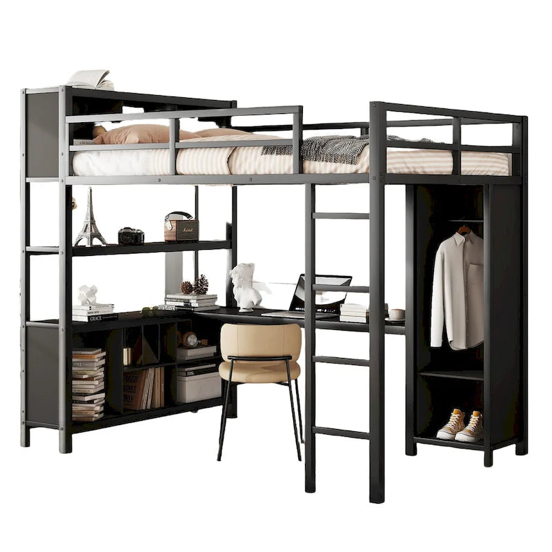 Cama alta de metal tamaño completo con armario, escritorio en forma de L y estantes