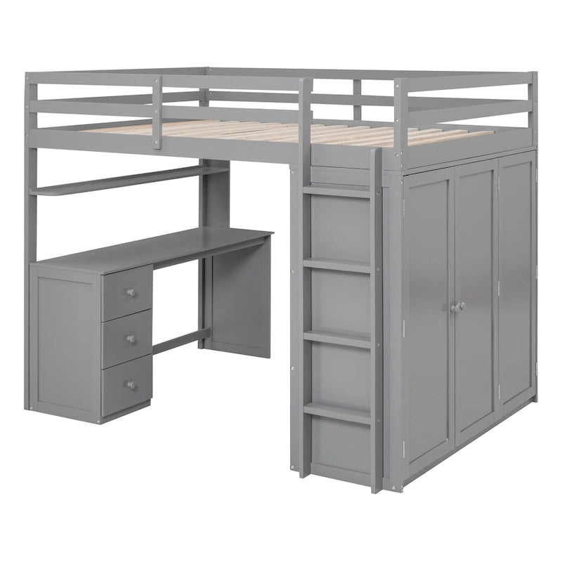 Cama alta completa con estación de estudio, armario, escritorio y cajones