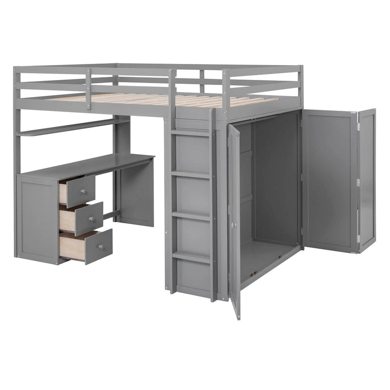 Cama alta completa con estación de estudio, armario, escritorio y cajones