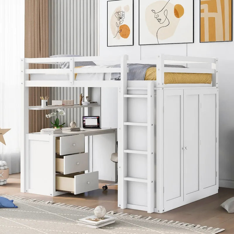 Cama alta completa con estación de estudio, armario, escritorio y cajones
