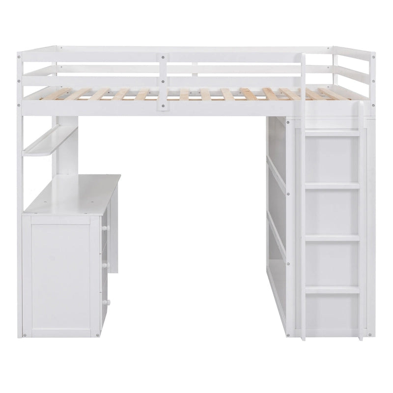Cama alta completa con estación de estudio, armario, escritorio y cajones