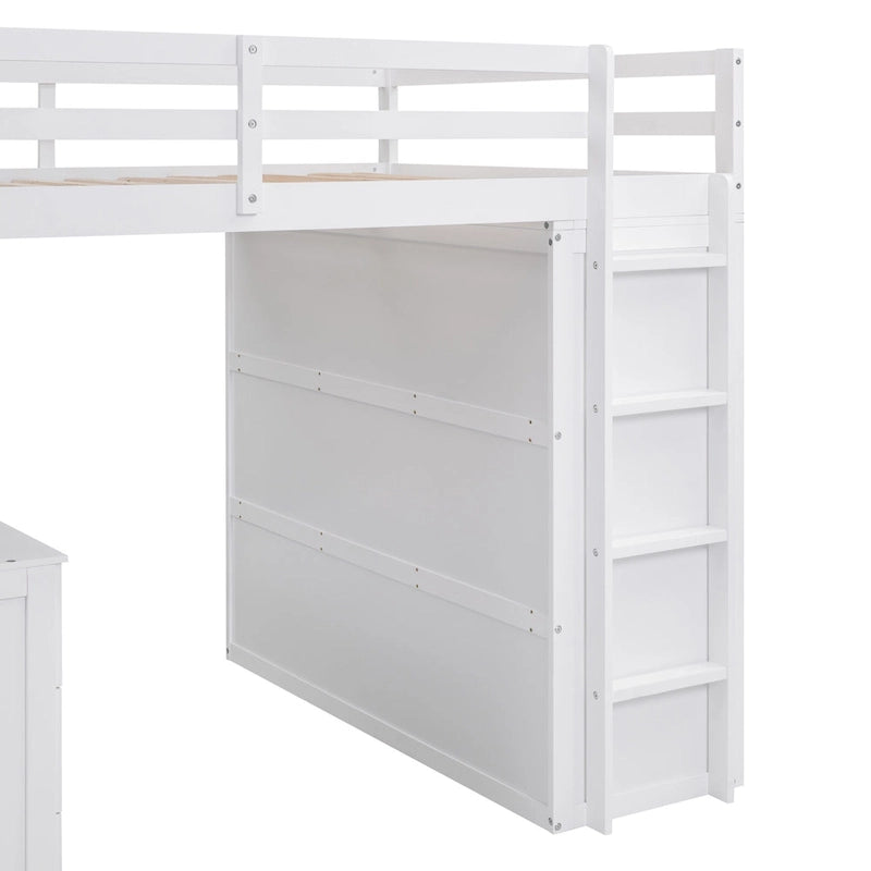 Cama alta completa con estación de estudio, armario, escritorio y cajones