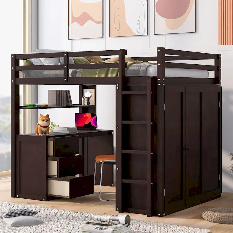 Cama alta completa con estación de estudio, armario, escritorio y cajones