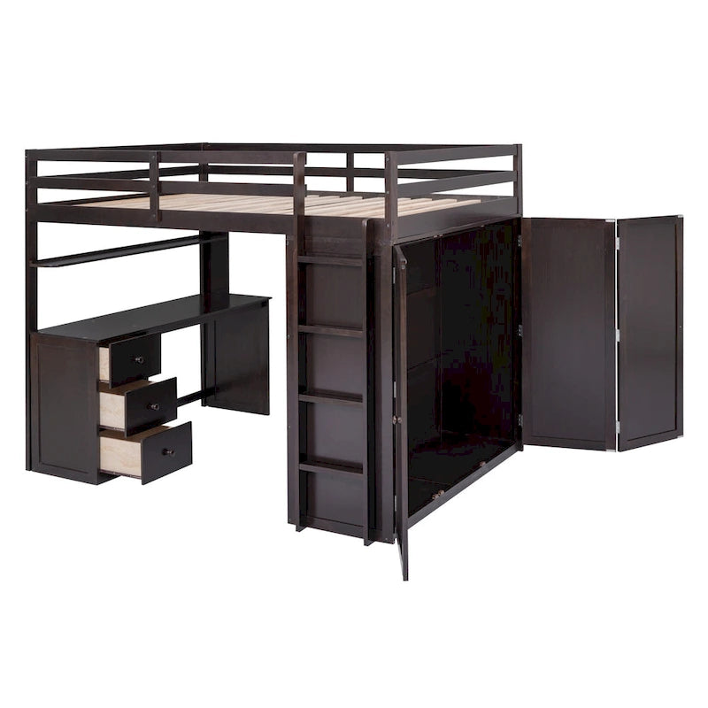 Cama alta completa con estación de estudio, armario, escritorio y cajones