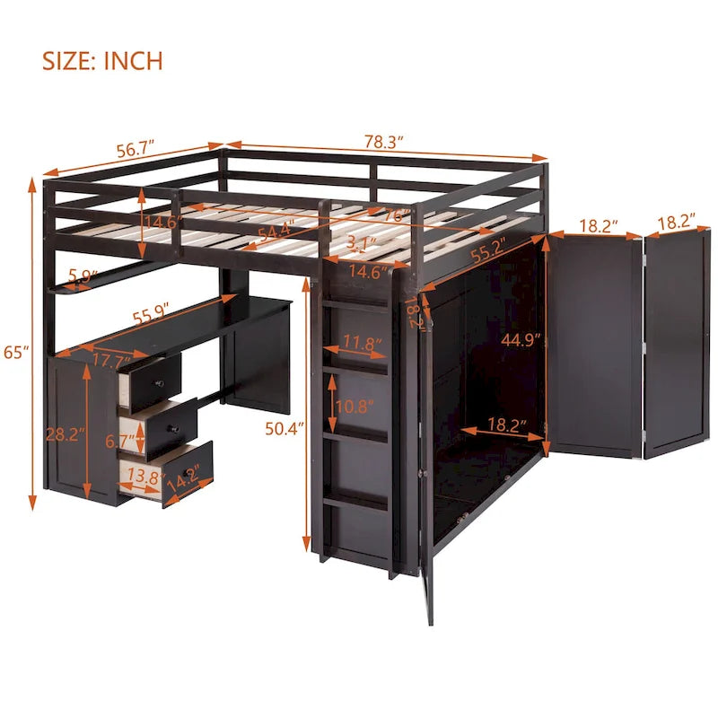 Cama alta completa con estación de estudio, armario, escritorio y cajones